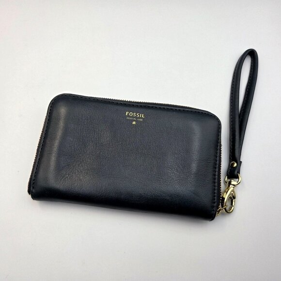 Fossil Wallet Navy Blue Leather Zip Around Accordian Wrislet Strap - Picture 1 of 10